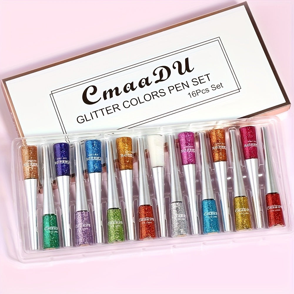 Glitter Liquid Eyeliner Set 16 Colors Waterproof Shimmer Metallic Eye Liner Pen Kit – Long-Lasting Smudge-Proof Sparkle Eye M
