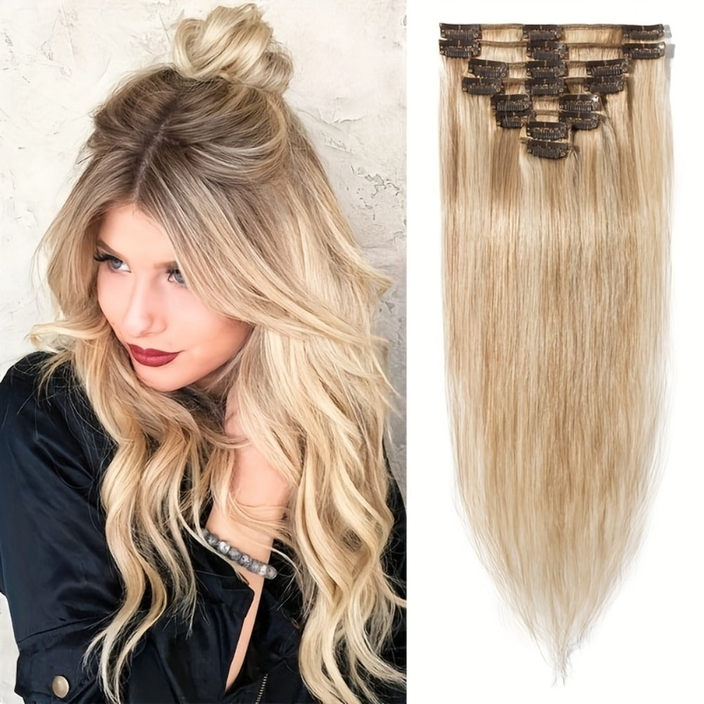 Hair Extensions Straight Remy Human Hair Clip-In Set with Eight Wefts, Highlighted Blonde Colors and 8–24-Inch Lengths — imag