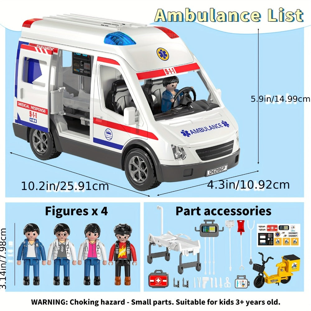 Ambulance Toy Playset for Kids Ages 3-8, Realistic Friction-Powered Emergency Vehicle with Flashing Lights & Siren Sound — im