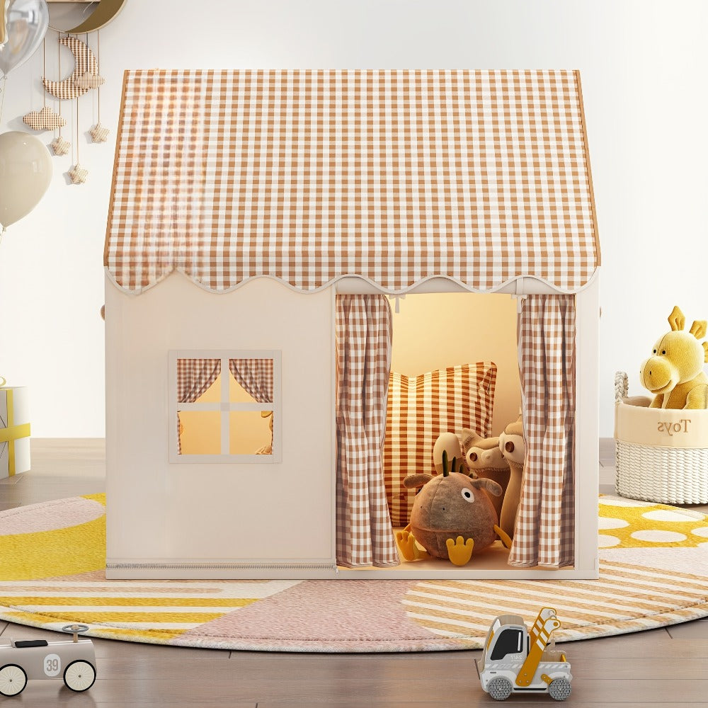 Checked Cabin Kids Play Tent in Pink, Khaki or Yellow with 130 x 120 x 100cm House Frame and Scalloped Roof — image 3