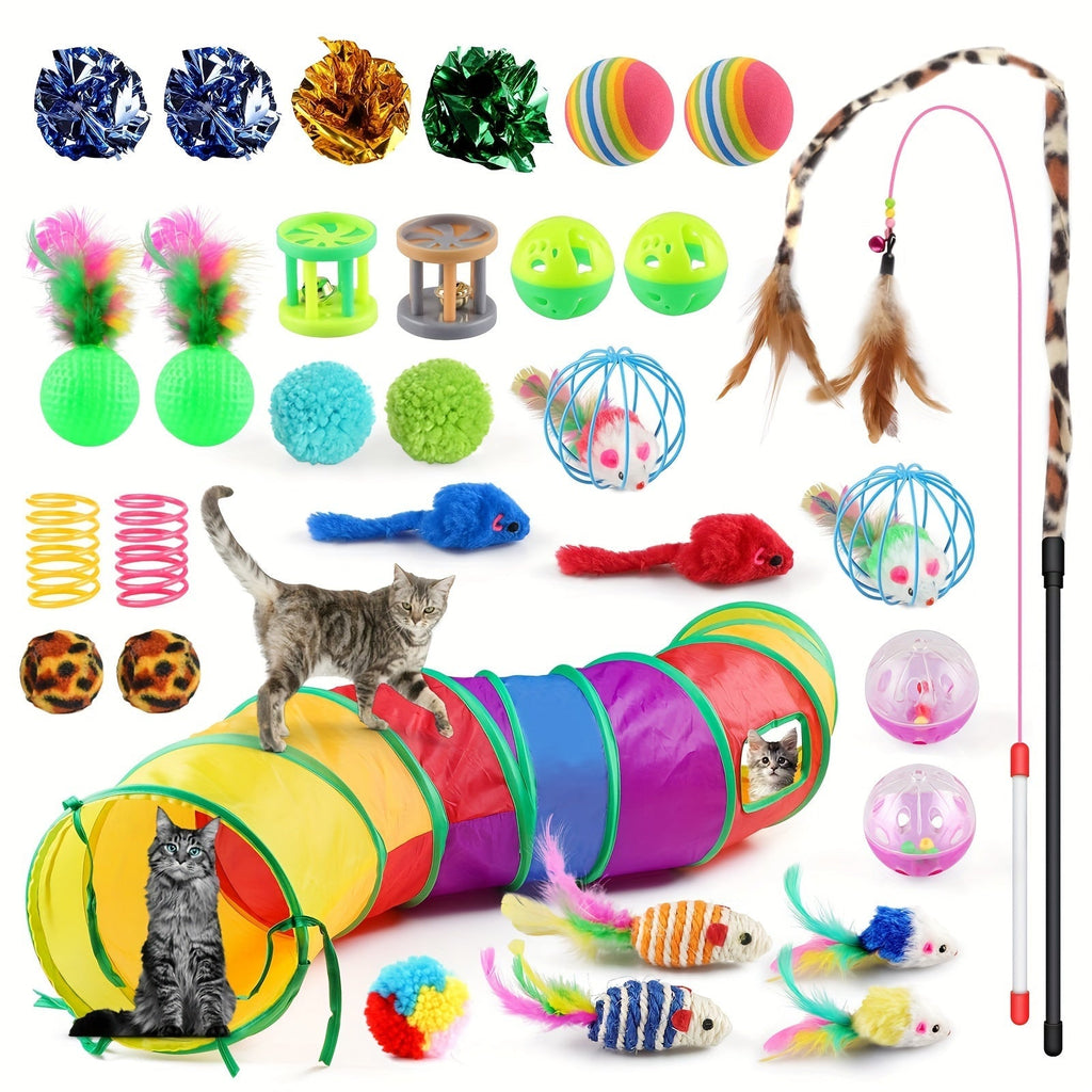 Cat Toy 32-Piece Assortment with Rainbow Tunnel, Feather Wand, Bell Balls, Mice and Crinkle Toys — image 1