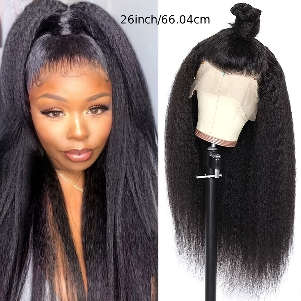 Synthetic Wig 26-Inch Black Kinky-Straight Yaki with HD Lace Front, Glueless Cap and with Item-Specific Color, Length, Textur
