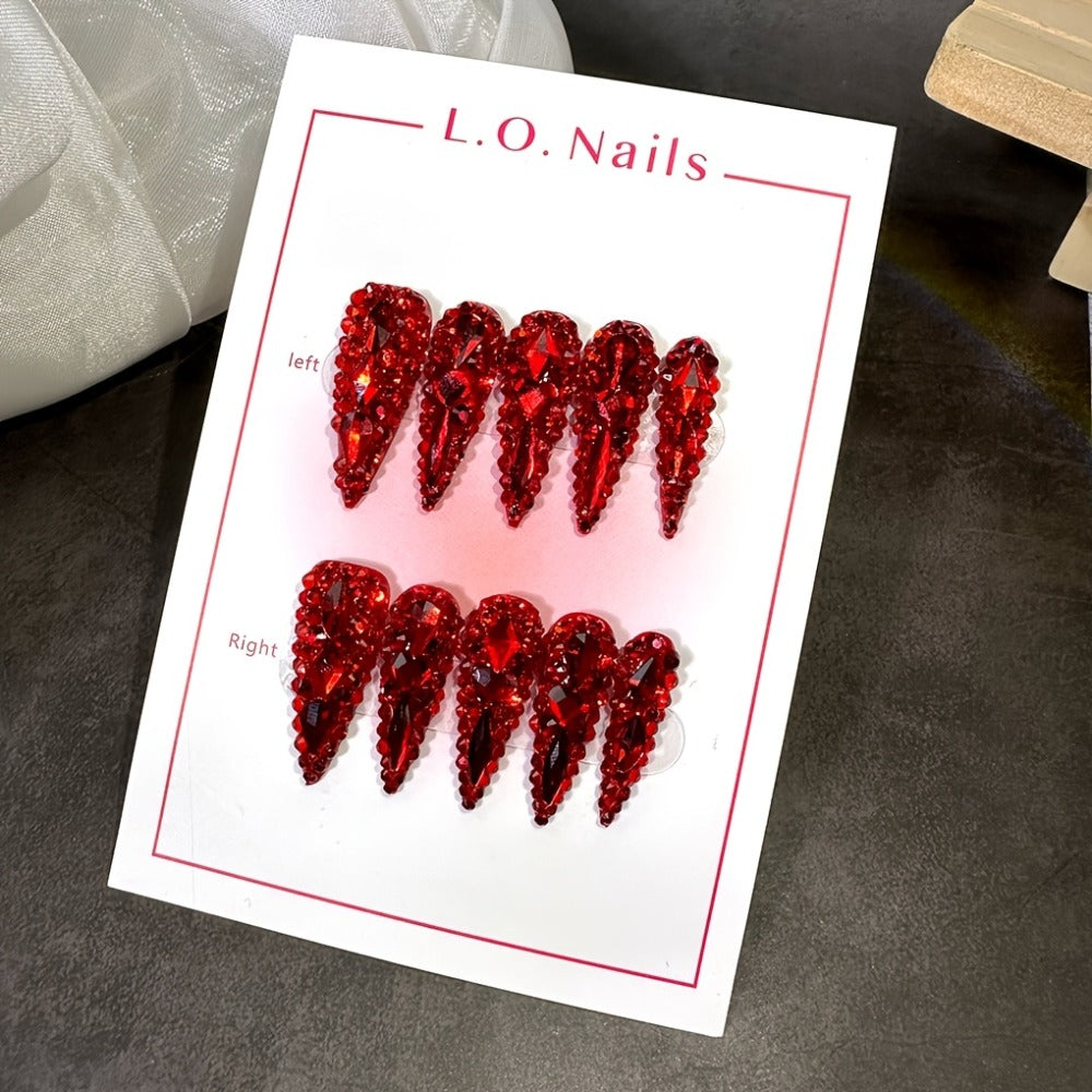 Press On Nails 10-Piece Long Water-Drop Set with Red Glass Glitter and Removable Self-Adhesive Gel Tabs — image 1