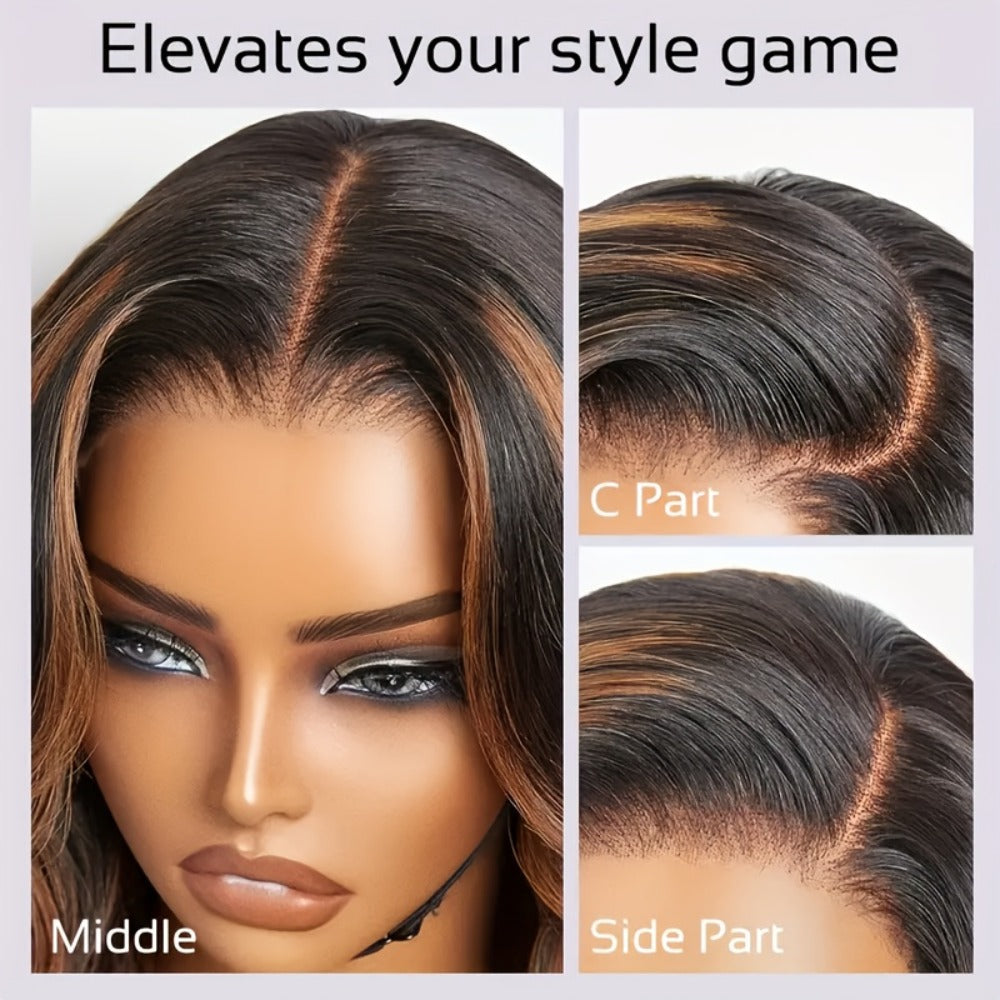 200% Density Lace Front Wig Human Hair Brown Highlights Long Wavy Pre-Plucked Glueless Heat, for Home, Travel and Salon Hair 