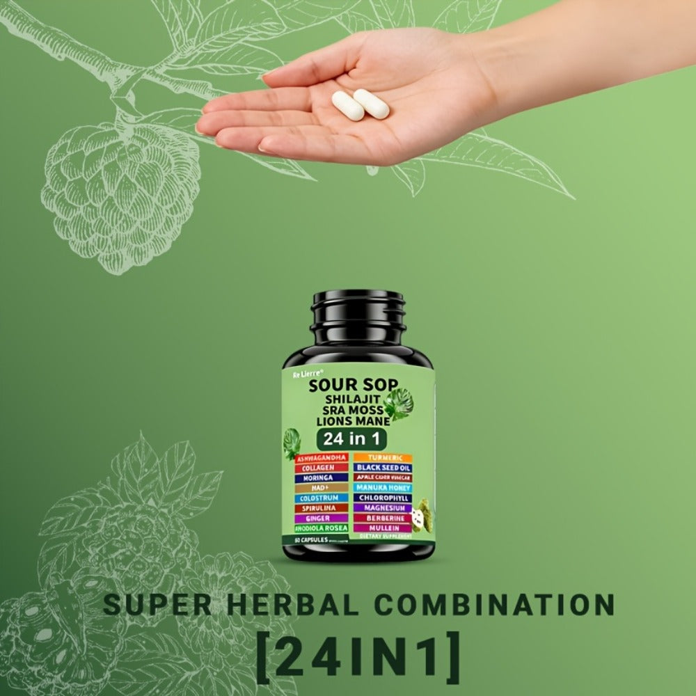 Dietary Supplement Sea Moss 24-in-1 Capsules with Soursop, Lion’s Mane and Shilajit, One or Two Bottles — image 13