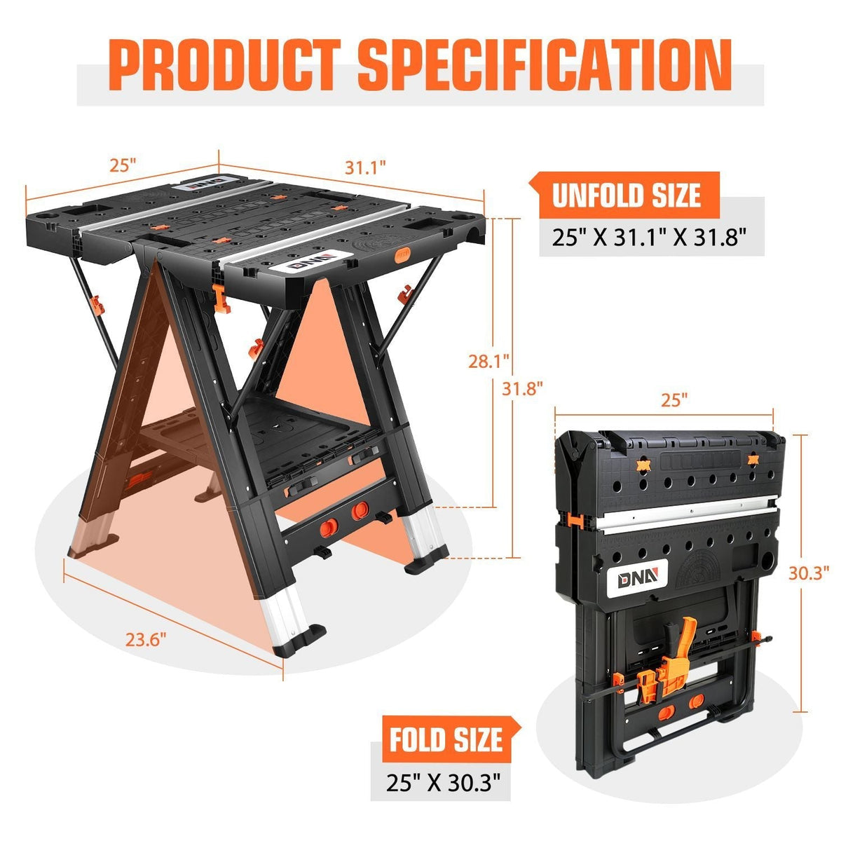 Orange-and-Black Folding 31.1 x 25-Inch Workbench and Sawhorse with Clamps, Blocks and Tool Tray — image 2