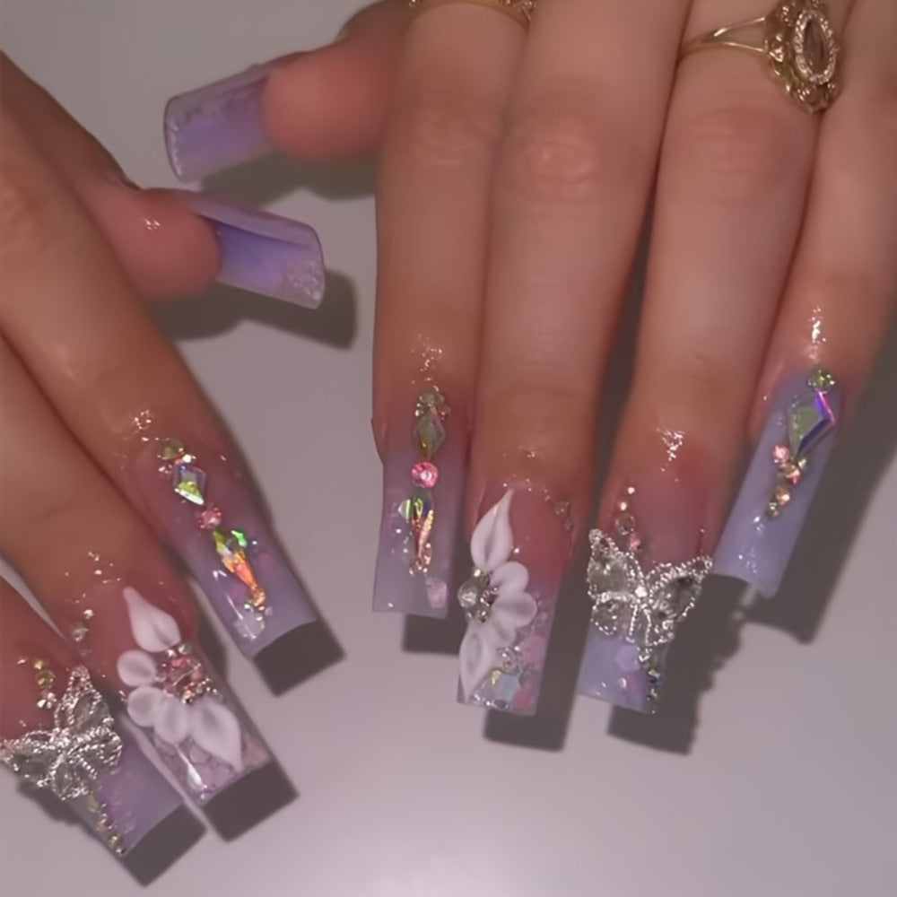 Press On Nails 96-Piece Long Ballerina Blue Gradient 3D Flower Butterfly Set with Four Bracelets — image 4