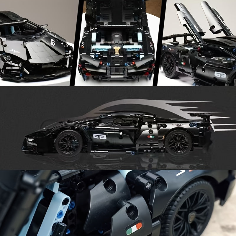 Black Supercar Building Blocks Set 1288 Pcs Limited Edition – Openable Hood Trunk Functional LED Headlights Realistic Engine 