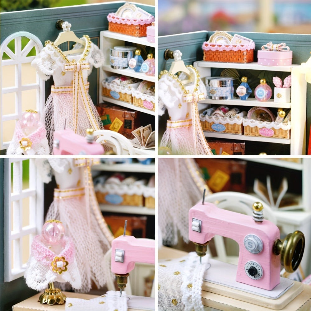 DIY Miniature Shop Dollhouse Kit with Dust Cover, Wooden Mini Store Assembly Set, 4 Themes Sakura Noodles Candy Atelier Coffe