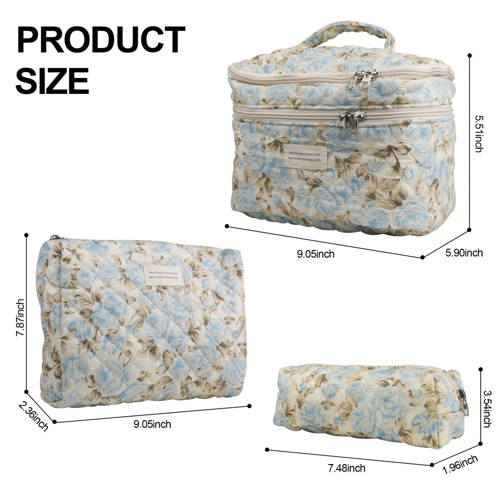 Quilted Floral Makeup Bag Set 3PCS Large Capacity Dual Layer Cotton Cosmetic Bags Coquette Aesthetic Travel Toiletry Organize