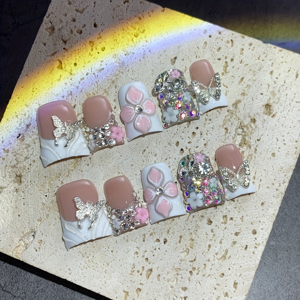 Press On Nails 10-Piece Short Duckbill Set with White French Tips, Golden Butterfly and 3D Carved Flower — image 2