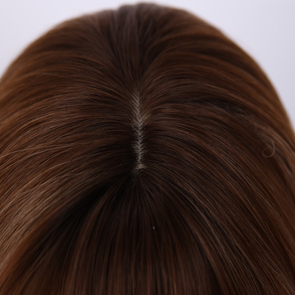 Synthetic Wig 24-Inch Light Brown Body Waves with Golden Highlights, Bangs and Rose Net Cap — image 7
