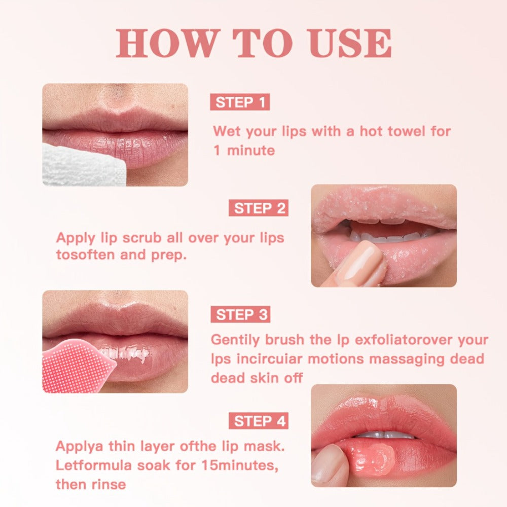 Lip Care Set 3pcs – Lip Mask, Lip Scrub Balm & Lip Brush Kit with Natural Ingredients for Deep Hydration, Exfoliation & Lip C