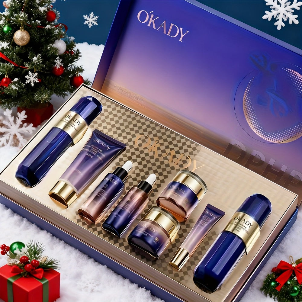 Skincare Set with OKADY Label, 8 Collagen and Hyaluronic Acid Product Items in Blue Gold Gift Box — image 1