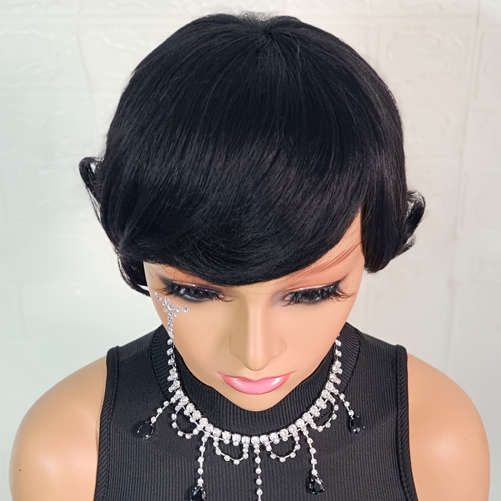 Pixie Cut Wig Human Hair with Bangs Glueless Short Brazilian Layered Machine Made Throw-On-and-Go Hairpiece Natural Black 1B 