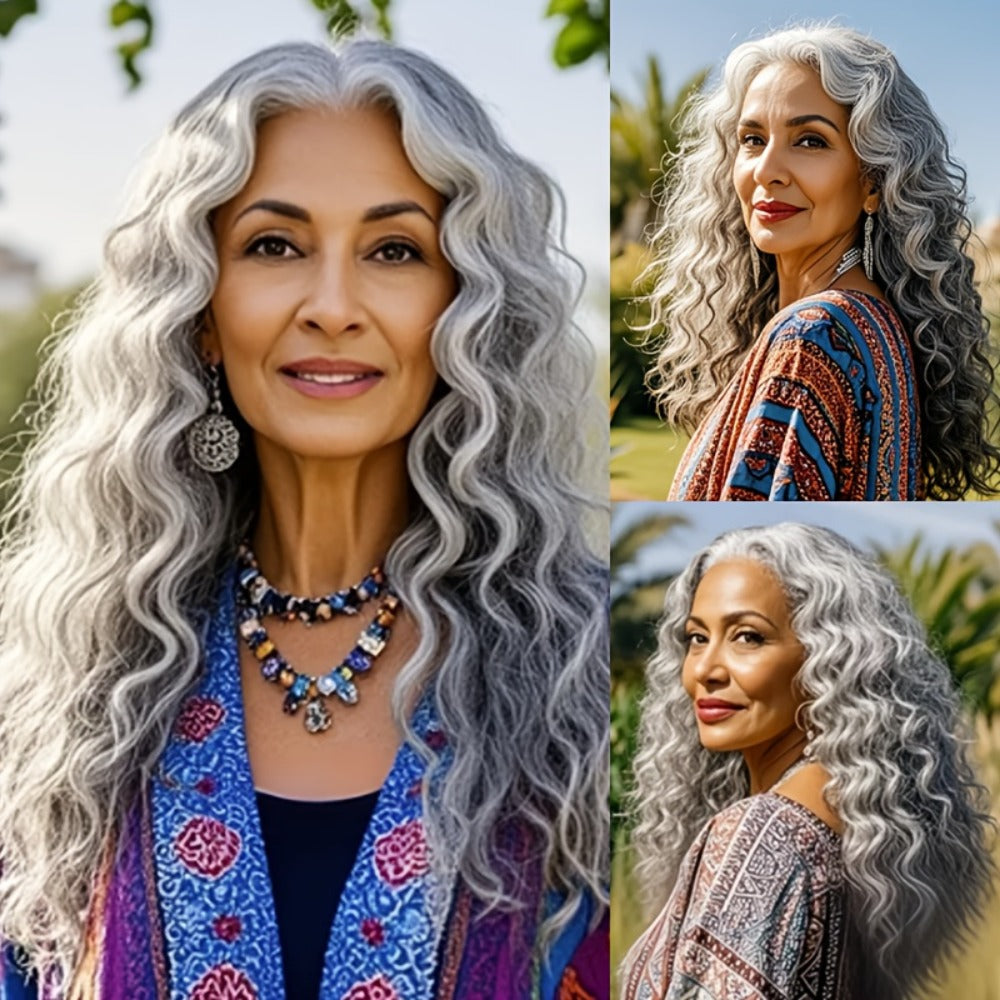 Synthetic Wig 24-Inch Space Gray Deep Waves with Glueless Buckle Cap and Rating with Item-Specific Color, Length, Texture and