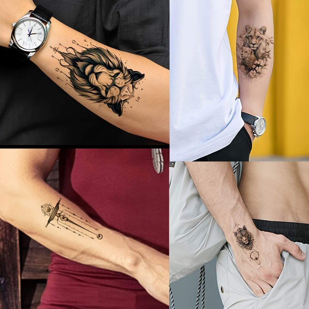 Temporary Tattoos, 44-Sheet Black Animal and Mountain Set with Wolf, Lion and Tiger Designs in Large and Small Sizes — image 