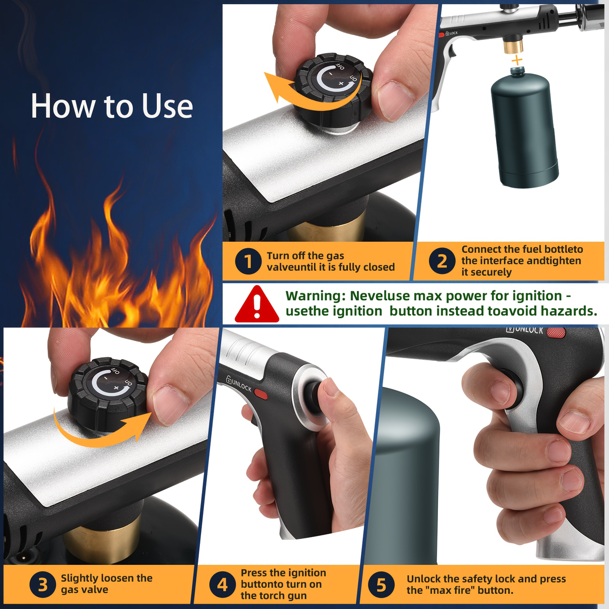 Propane Torch Gun with Safety Lock & One-Touch Max Fire, Adjustable Flame Butane Burner for Searing Steak — image 9