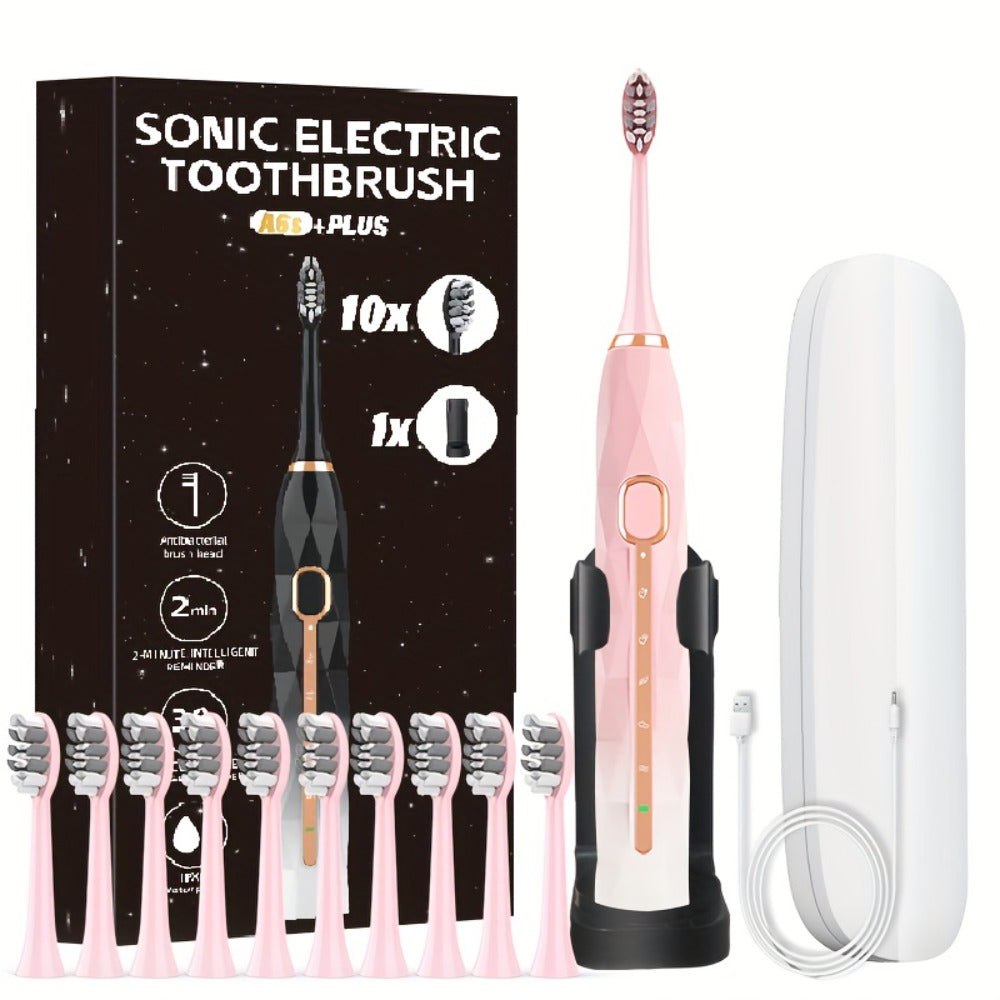 IPX8 Sonic Electric Toothbrush with 8 Replacement Brush Heads – Metal Shaft, USB Rechargeable 500mAh, Travel Case & Holder — 
