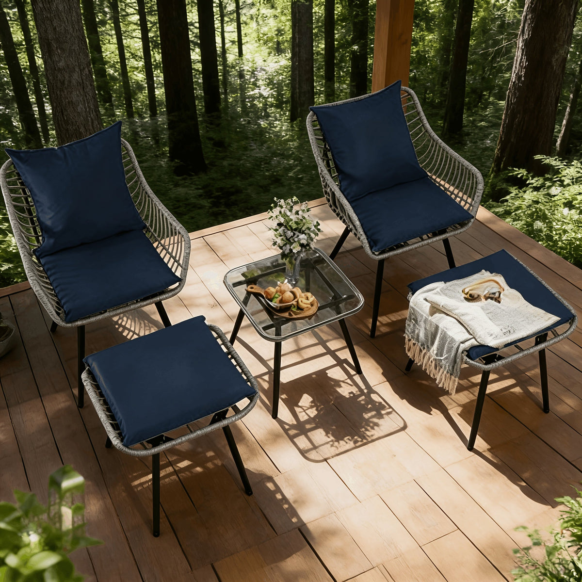 Five-Piece PE Rattan Patio Set with Two Chairs, Two Footstools, Round Glass Table and Gray-Blue Cushions — image 8