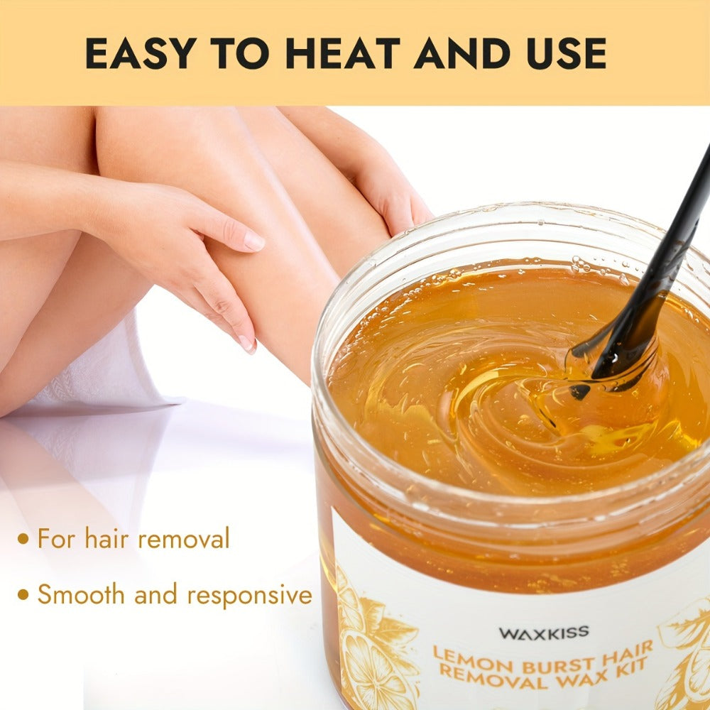 Sugar Wax Hair Removal Kit 300g – Gentle Soft Wax with Strips & Sticks for Body Hair Removal, Lemon or Activated Carbon Formu