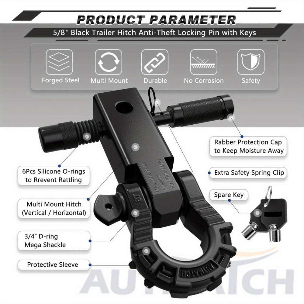 Shackle Hitch Receiver 2-Inch 68, 000 lb Break Strength with 3/4" D-Ring & 5/8" Hitch Lock Pin – Heavy Duty Drop Forged Steel