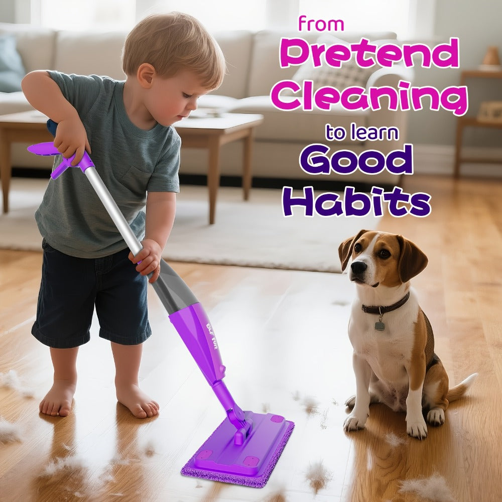 Purple Pretend Play Spray Mop Set with 29-Inch Sectional Handle, Squeeze Trigger and Two Mop Pads — image 2