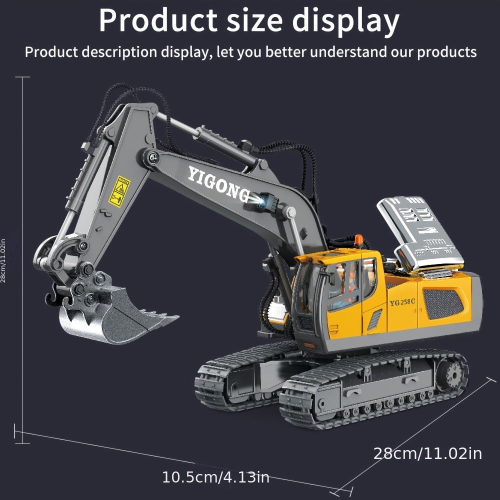 RC Excavator Toy 1:18 Scale 2.4GHz Remote Control with Metal Scoop 680-Degree Rotation Lights & Sound — image 3