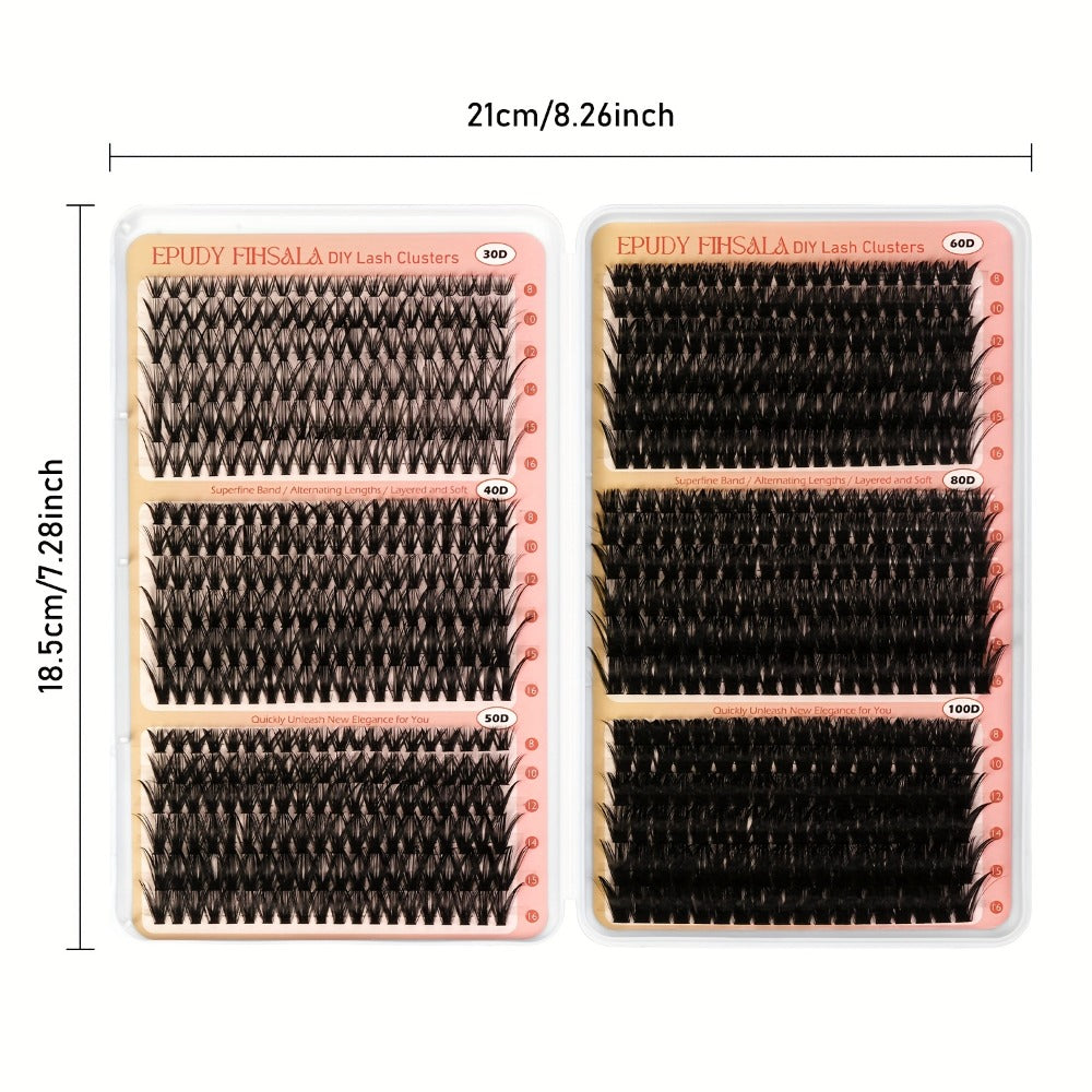 Lash Extension Kit with 708 Clusters in 8-16mm Mixed Lengths and 30D-100D Densities, Glue, Tweezers and Brush — image 4