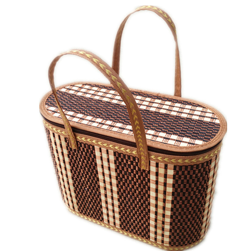 Woven Picnic Storage Basket with Fitted Checked Lid and Carry Handles, 14.17 x 6.3 x 10.24 Inches — image 1