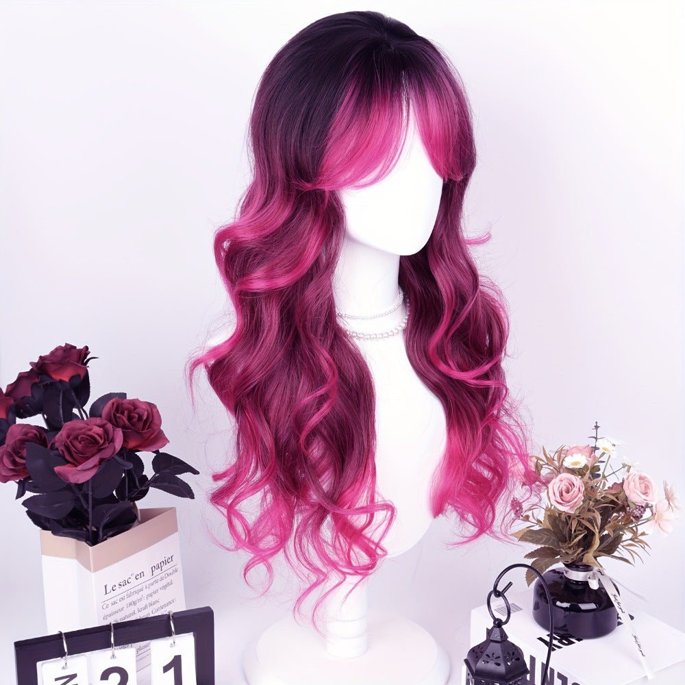 Synthetic Wig 28-Inch Rose-Red Gradient Waves with Air Bangs, 150% Density and Rose Net Cap — image 8