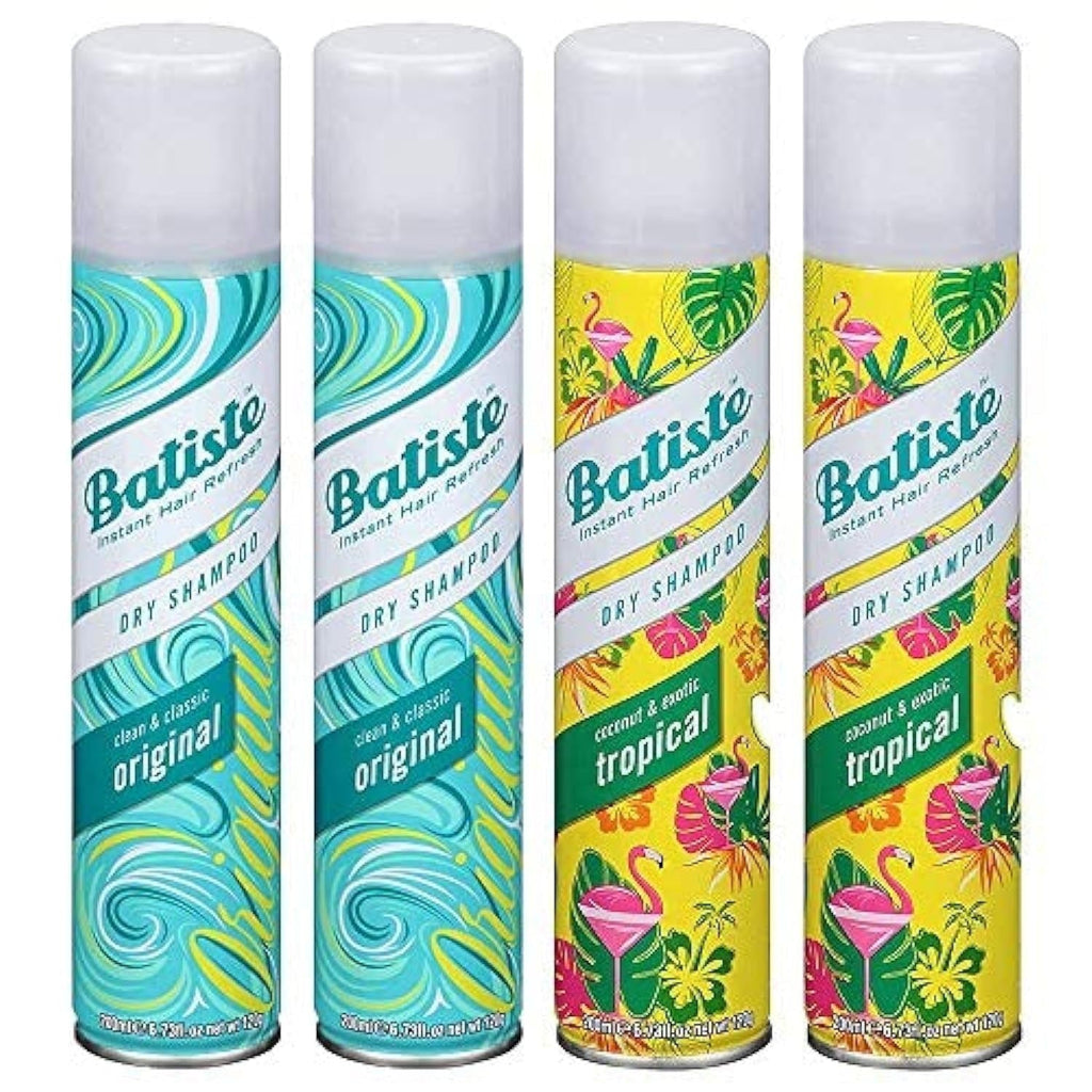 Batiste Dry Shampoo Spray Variety 4 Pack Original & Tropical 200ml Each, Instant Volume & Oil Absorption for All Hair Types —