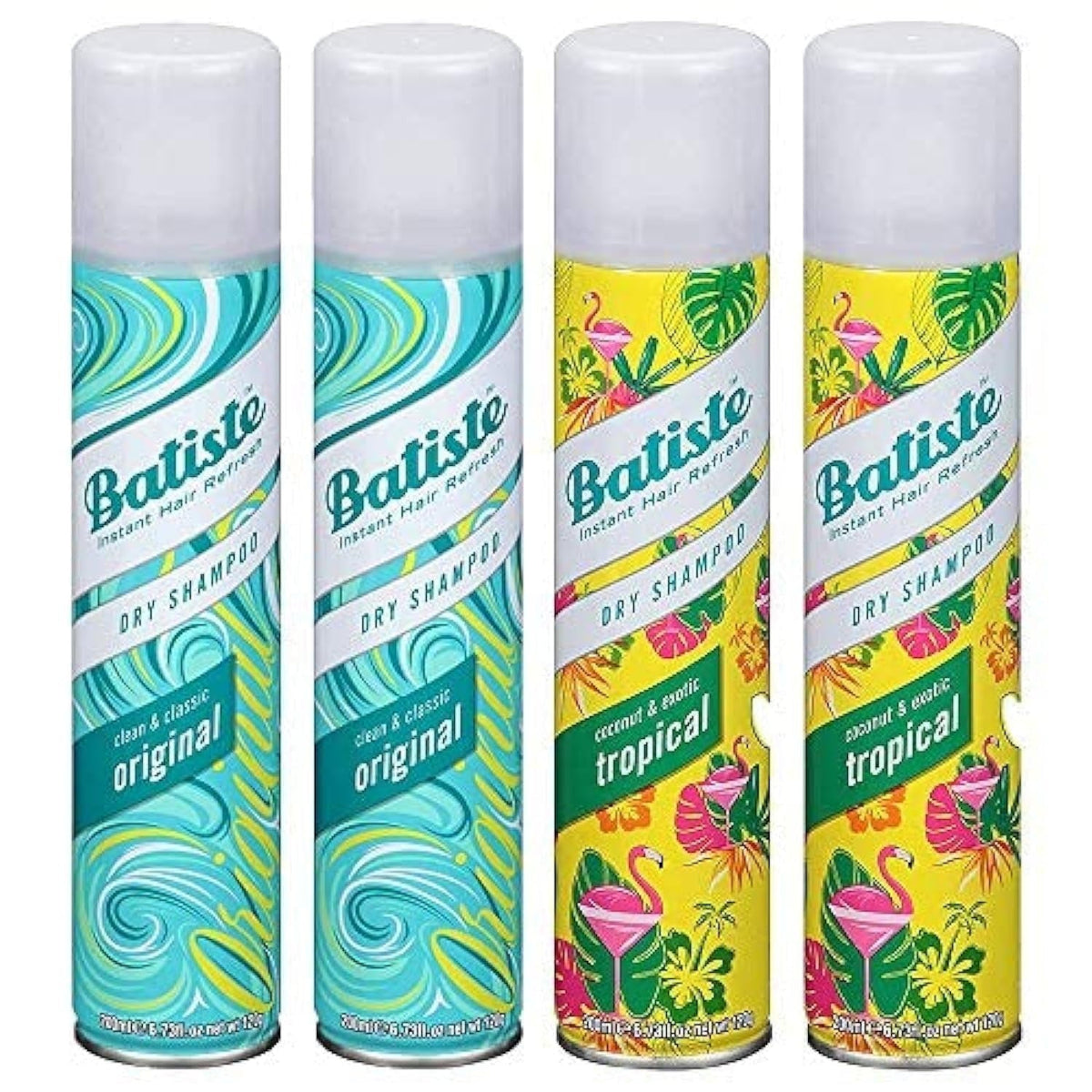 Batiste Dry Shampoo Spray Variety 4 Pack Original & Tropical 200ml Each, Instant Volume & Oil Absorption for All Hair Types —