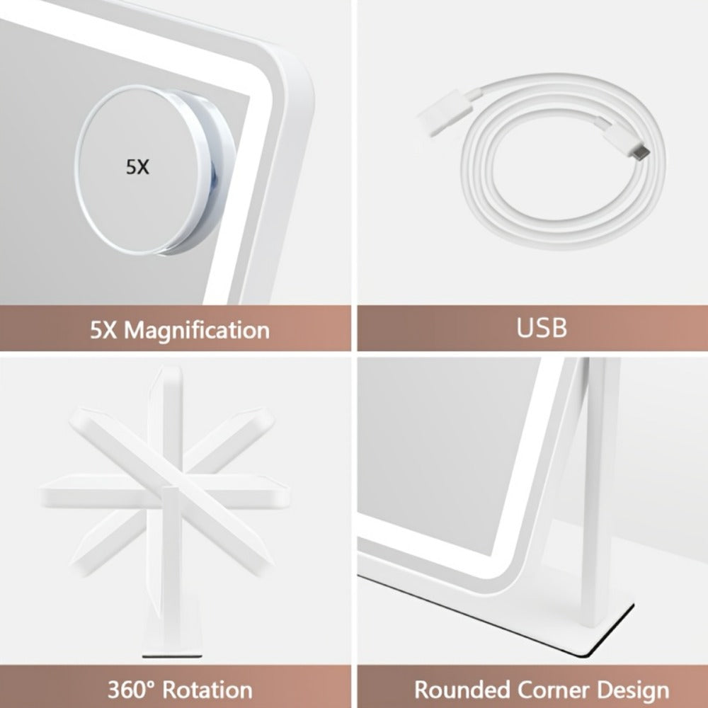 LED Vanity Mirror, Rectangular Tabletop Makeup Mirror with Touch Dimming and Three Light Colors on a Rotating Stand — image 8