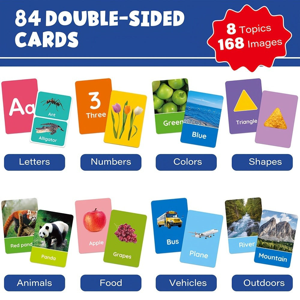 Toddler Flashcards 84 Double-Sided Cards 168 Pictures, 8 Categories ABC Letters Numbers Animals Shapes Colors Food Vehicles —