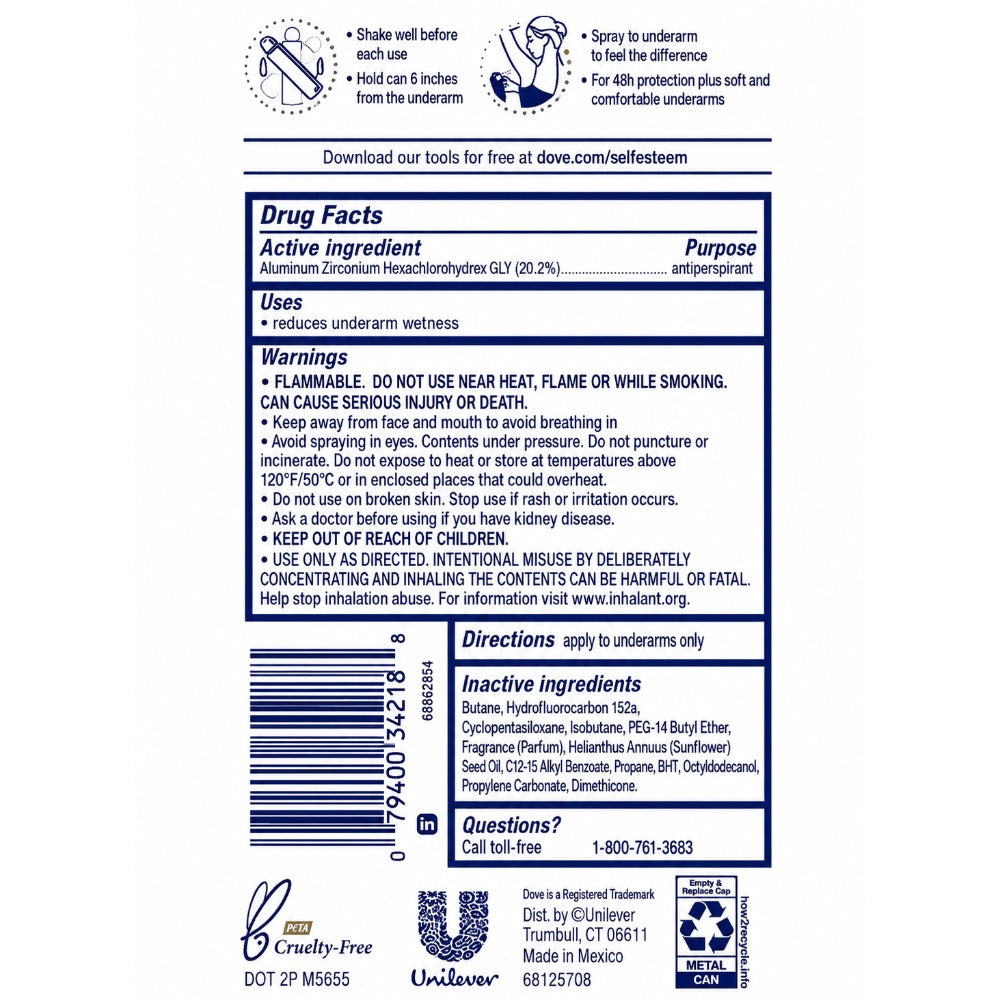Dove Beauty Finish Antiperspirant Body Spray, Six 5 fl oz Cans with Pink-Cap Can Presentation — image 2