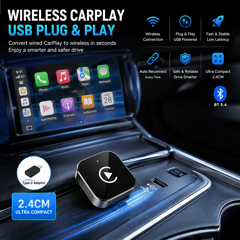 Wireless CarPlay Adapter 2-in-1 Wired to Wireless CarPlay & Android Auto Mini USB Dongle Fast Stable Connection for Apple iOS