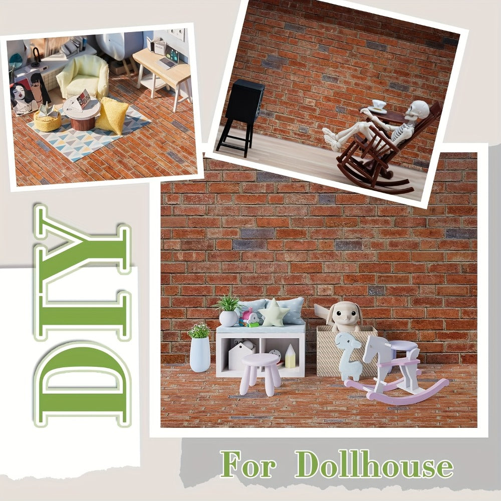 Dollhouse Wallpaper Flooring Peel Stick 12 Sheets Red Clinker Brick Miniature Self-Adhesive Paper for 1:12 Scale Dollhouse DI