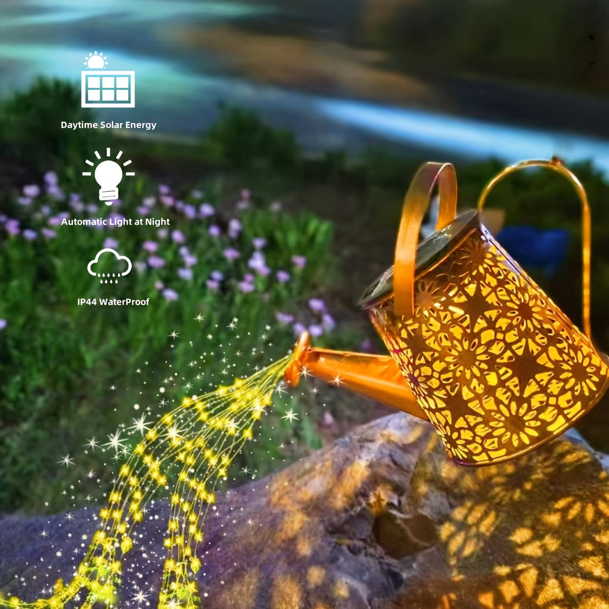 Solar Garden Light Watering Can Stake with Warm White Cascading LEDs, IP44 Rating and Hanging Bracket — image 4