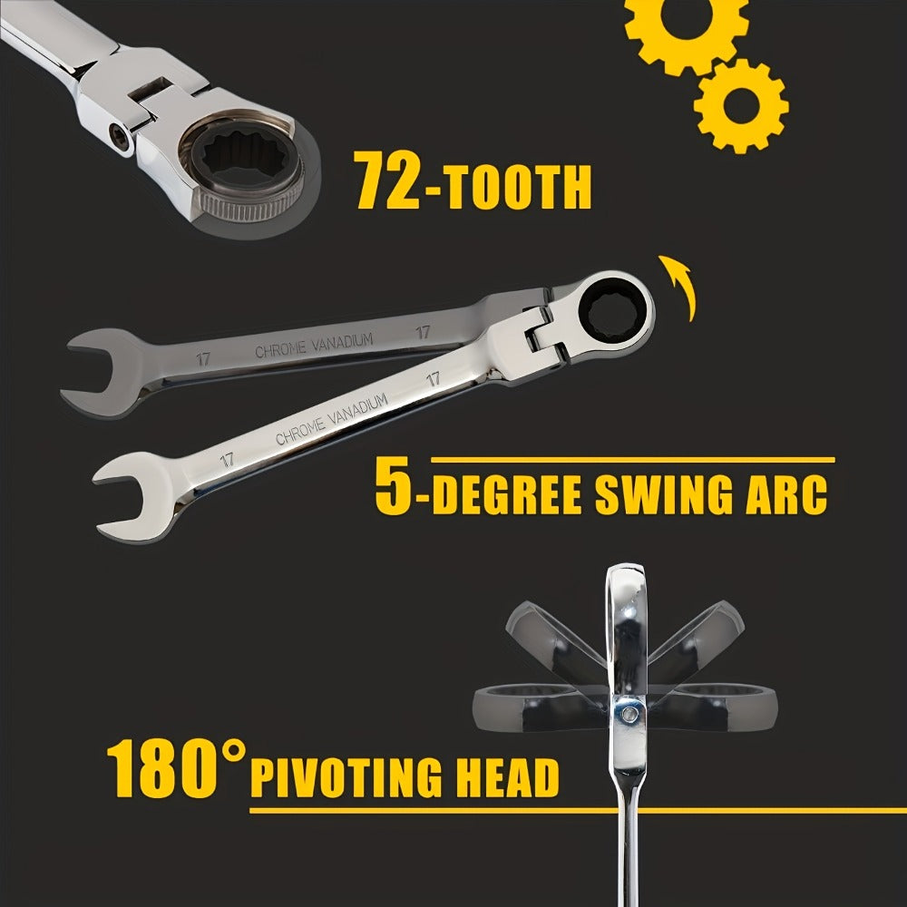 CR-V Flex Head Ratchet Wrench Set 5-Piece – 2-in-1 Reversible Open End & Hex Socket Dual-Purpose Kit | Automotive Engine Bay,