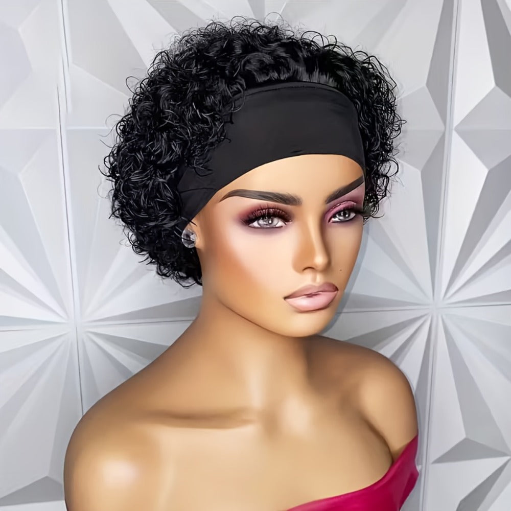 Kinky Curly Headband Wig Human Hair Brazilian 150% Density Glueless 6 Inch | No Glue No Gel Black Burgundy Rust | Beginner Fr