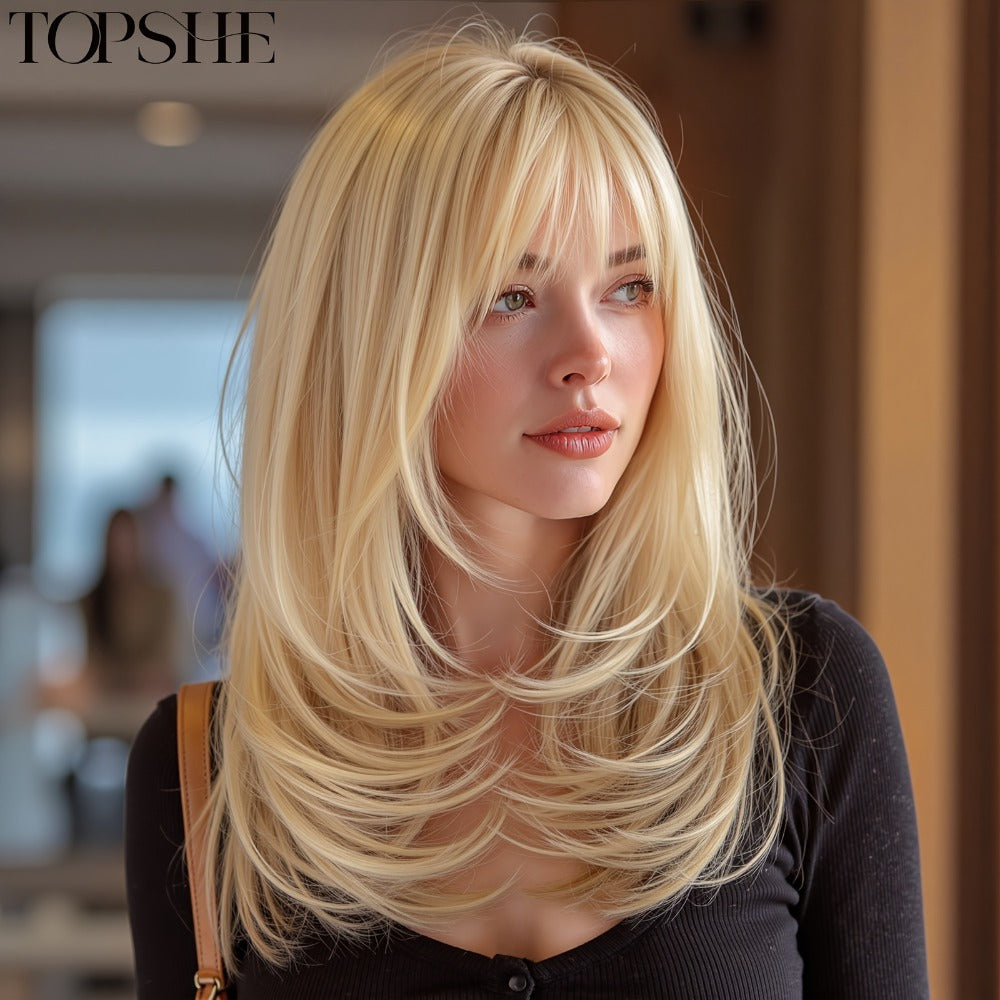 Synthetic Wig 14-Inch Golden Layered Straight Style with Full Bangs and Glueless Rose Net Cap — image 1
