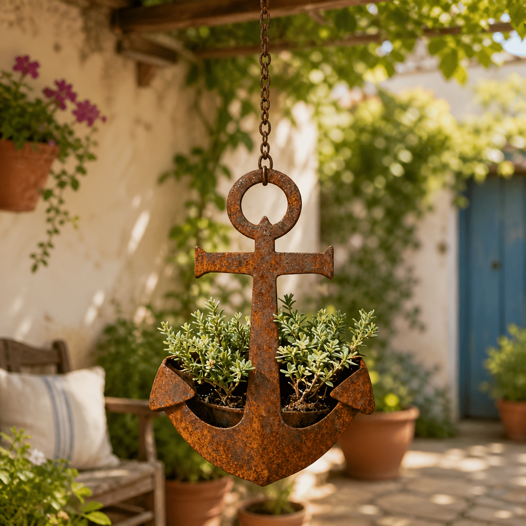 Metal Wall Hanging Planter – Rustic Anchor Plant Holder Nautical Garden Decor Iron Pot 2pcs — image 2