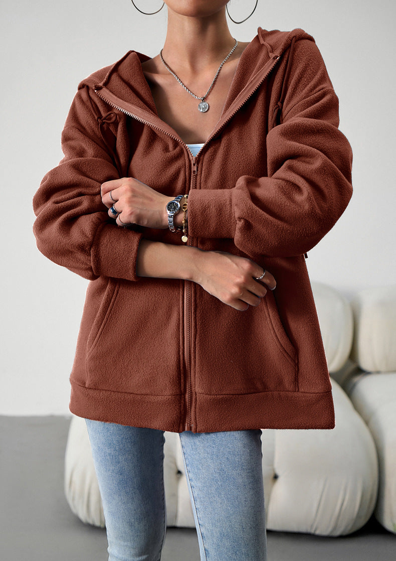 Casual Fashion Hooded Cardigan Jacket With Pockets Winter And Autumn Loose Sports Coat Women Solid Outwear Clothing