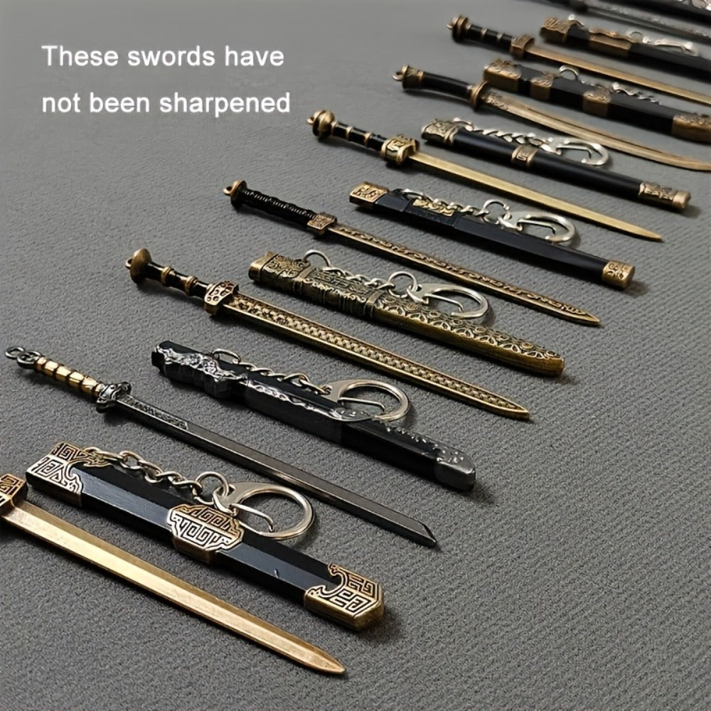Seven-Piece Miniature Metal Sword Replica Set with Sheaths, Keychains and Ancient-Inspired Display Designs — image 9