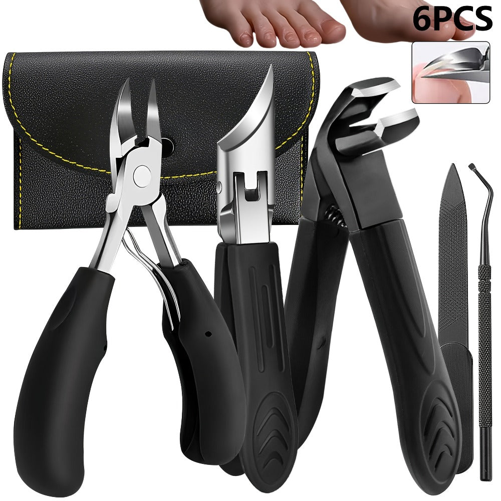 Wide-Jaw Nail Clipper Set, Six-Piece Black-Handle Kit with Curved, Slanted and Narrow Tools, Lifter, File and Storage Pouch —