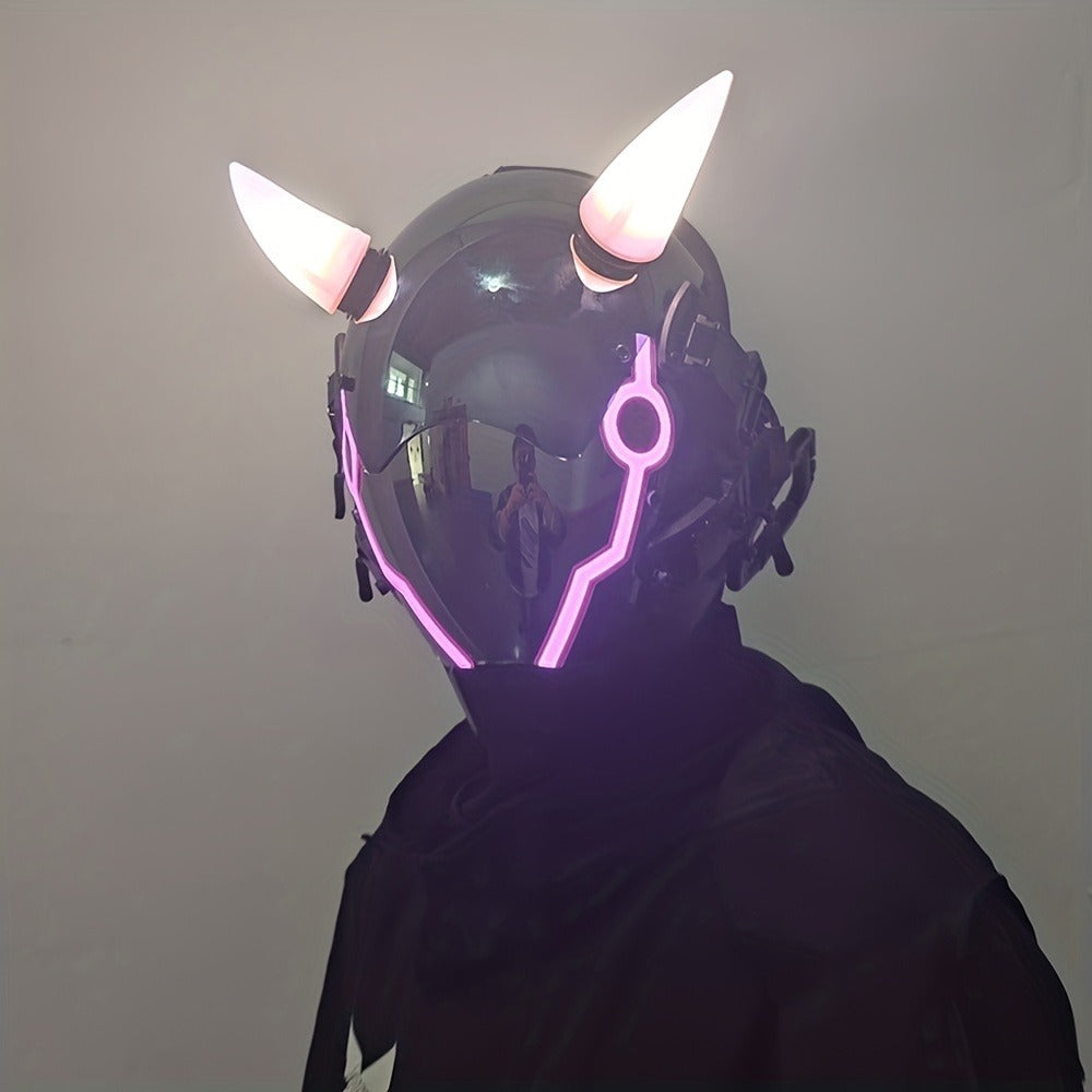 Pink LED Cyberpunk Costume Mask with Horned Full-Face Helmet, Reflective Visor and Lighted Accent Lines — image 8