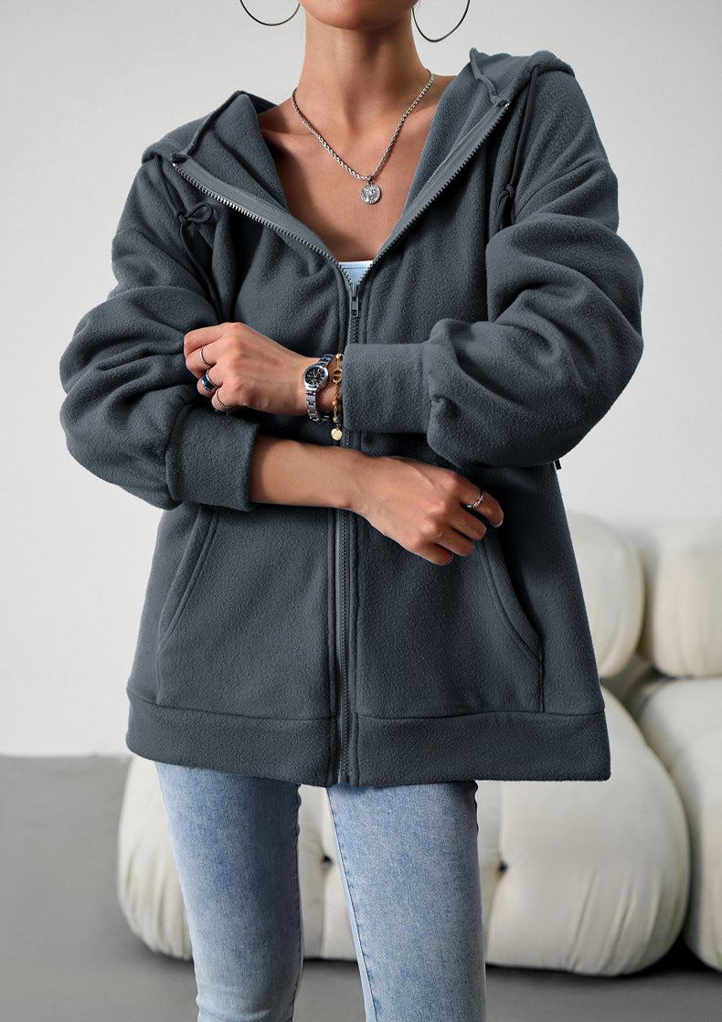 Casual Fashion Hooded Cardigan Jacket With Pockets Winter And Autumn Loose Sports Coat Women Solid Outwear Clothing