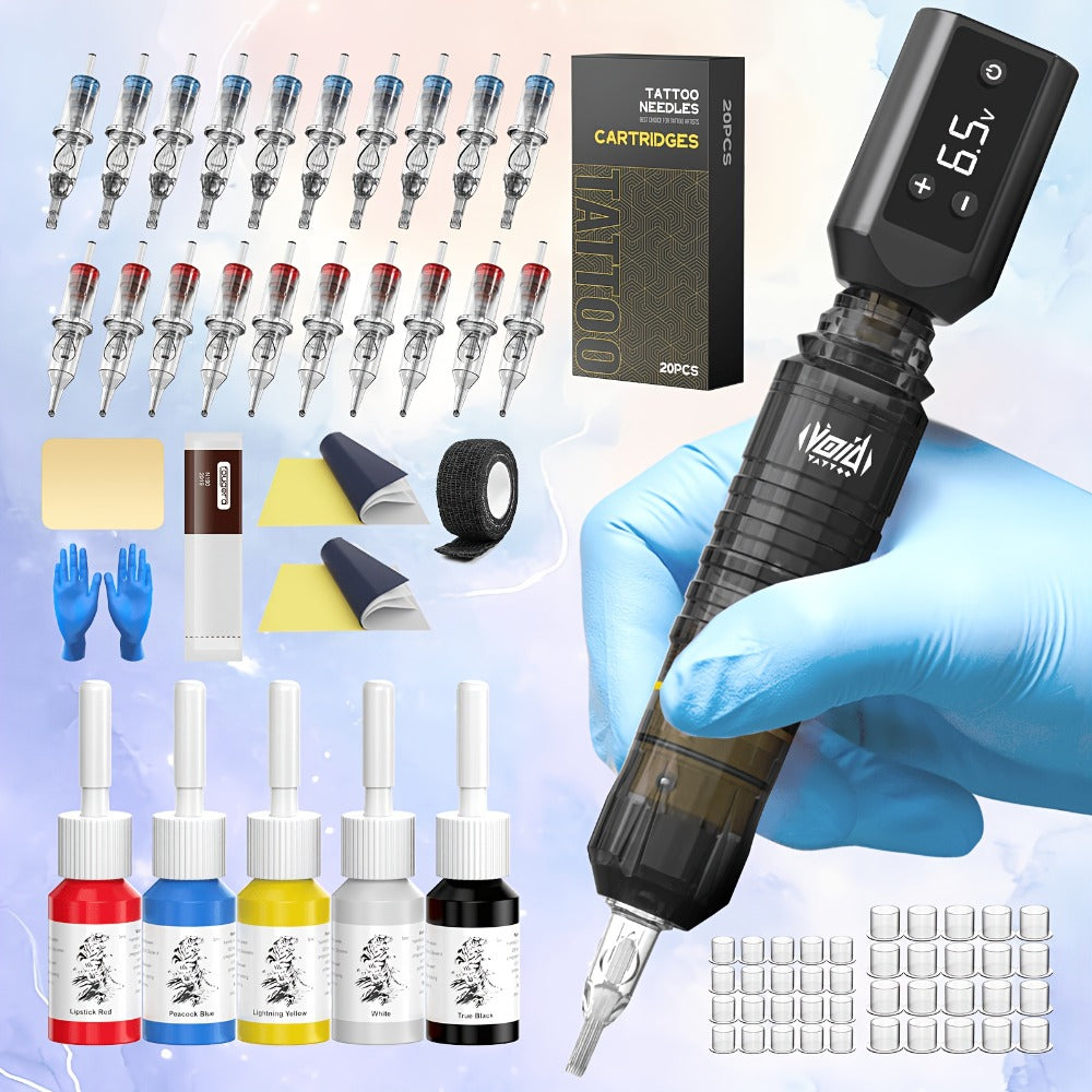 Cordless Tattoo Pen Kit Complete Set VOID 1200mAh Battery USB Type-C 20 Needles 5 Inks 40 Ink Caps Practice Skin Transfer Pap
