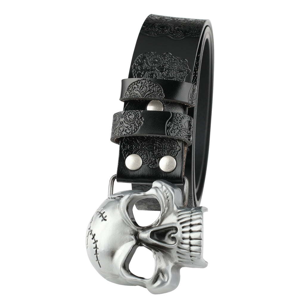 Leather Belt With Embossed Ghost Head Design And Smooth Skull Buckle